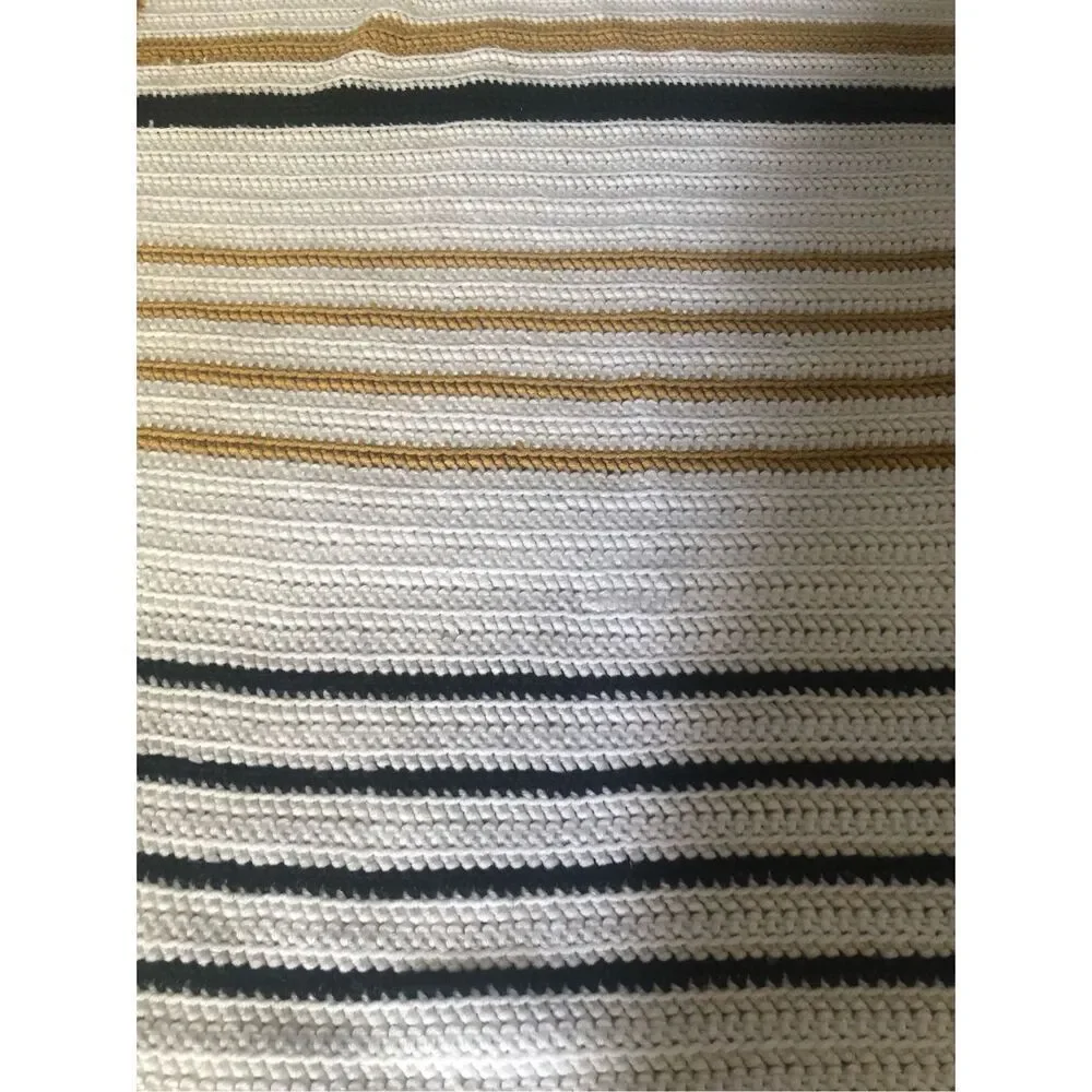 Handmade Crochet Throw Blanket White Navy Mustard Striped 34x58